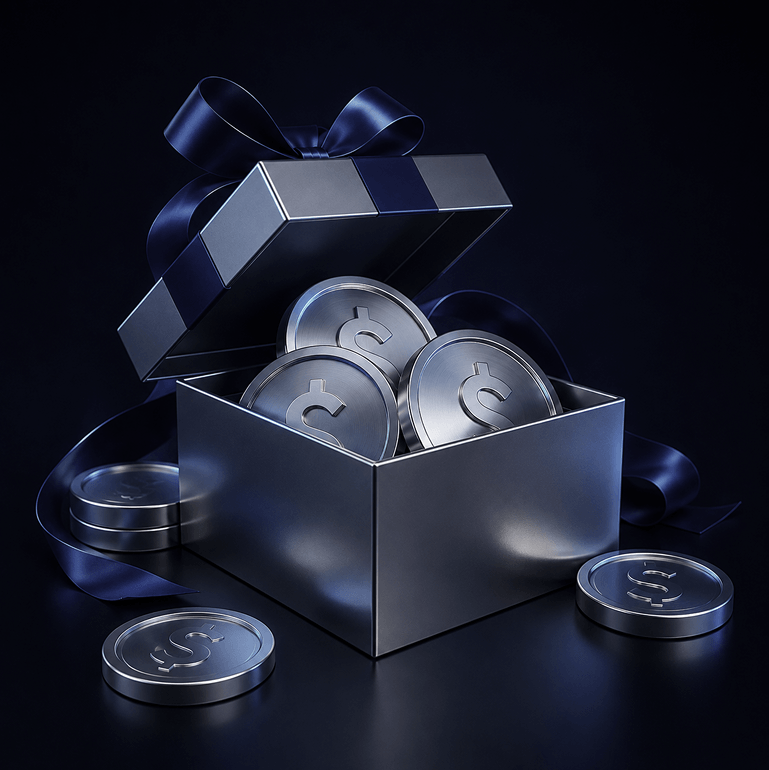 Metal gift box filled with silver coins